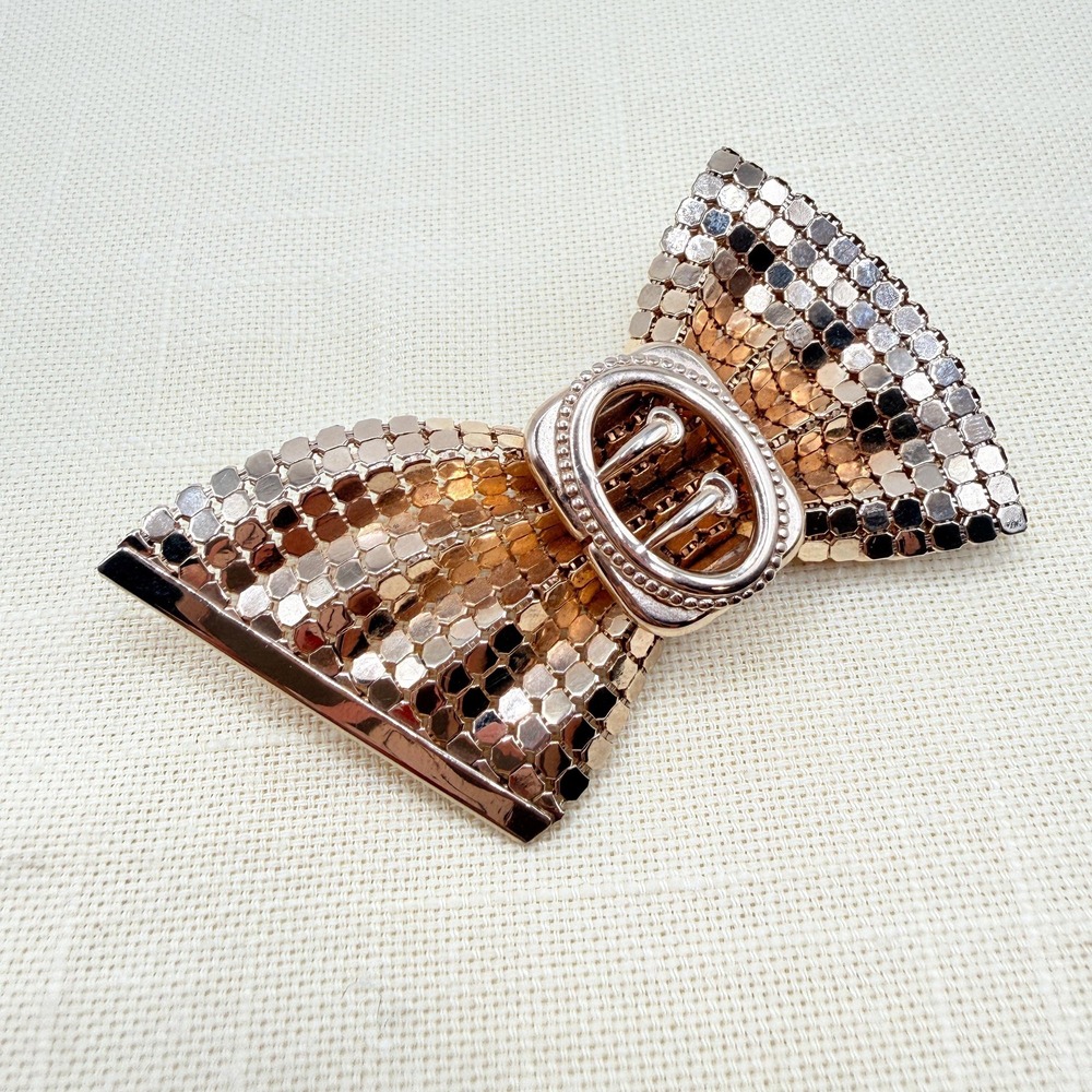 Vintage 80s Gold Tone Sequin Style Mesh Bow Brooch w/ Buckle 3"